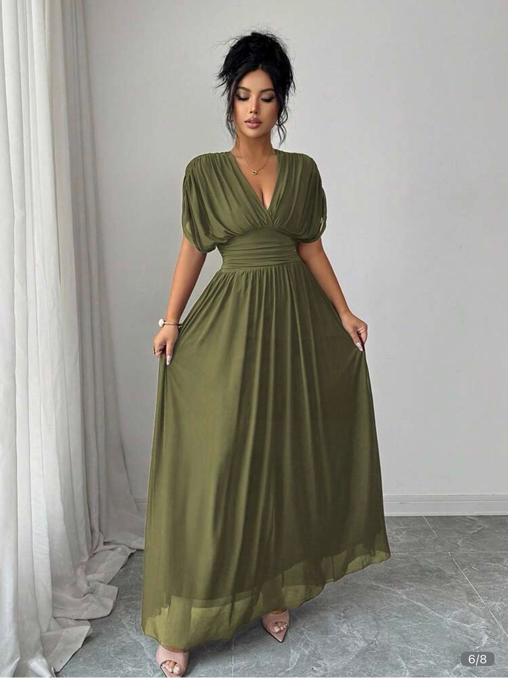 V-Neck Olive Green Maxi Dress with Gathered Waist XL